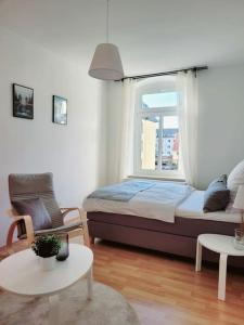 德累斯顿Gemütliches helles Appartement的一间卧室设有一张床、一个窗口和一把椅子