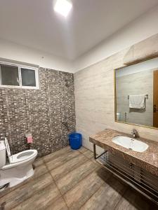 拉瓦尔品第Islamabad Travelodge Guest House的一间带卫生间、水槽和镜子的浴室