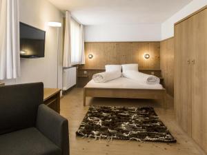瓦尔斯阿尔皮纳酒店的一间卧室配有一张床、一把椅子和电视