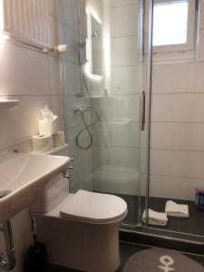 温特贝格Berghaus Winterberg的带淋浴、卫生间和盥洗盆的浴室