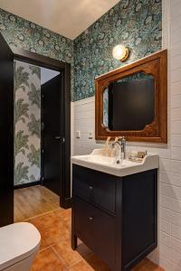拉·格兰哈·圣·伊尔德Hospedium Hotel La Farm的一间带水槽的浴室和墙上的电视