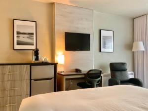 七岛市Hôtel Sept-Îles的酒店客房设有一张床、一张书桌和一台电视机。