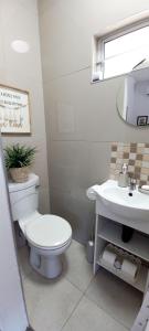德班Orange Leaf Guesthouse Durban North的一间带卫生间和水槽的浴室