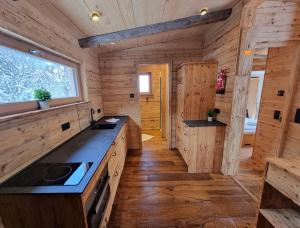 海因岑贝格Chaleny - Das erste Tiny House Chalet im Zillertal的小木屋内的厨房配有炉灶
