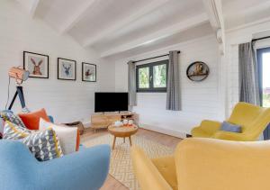 StradbrokeWoodpecker Lodge的客厅配有黄色和蓝色的椅子和电视