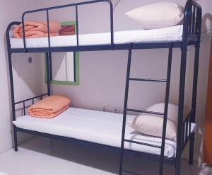 首尔OPPA Hostel Sinchon-Hongdae的客房配有2张双层床、毛巾和枕头。