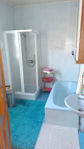 沃尔夫斯堡Apartment Monsberger的浴室配有蓝色浴缸和水槽