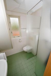 斯希蒙尼克奥赫维斯特布伦公寓的带淋浴和卫生间的浴室以及窗户。
