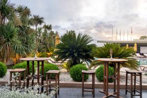 伊斯坦布尔伊斯坦布尔宰廷布尔努宜必思酒店的棕榈树庭院里的一排桌子和凳子