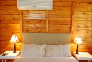 拉塞利亚林奎达农场旅馆的一间卧室设有木墙和一张带两盏灯的床。
