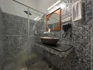 蓬蒂切里Villa Krish的一间带水槽和玻璃淋浴的浴室