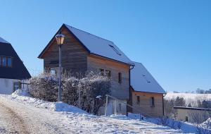 塞芬Ferienhäuser Seiffen的雪中木房子,有街灯