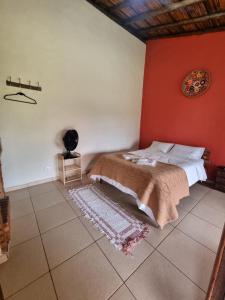 卡兰卡斯Pousada Mirante Serra Verde的一间卧室设有一张床和红色的墙壁
