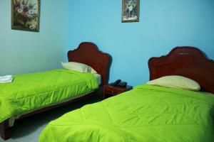 AguadulceHotel Interamericano的一间卧室设有两张带绿色床单和蓝色墙壁的床。