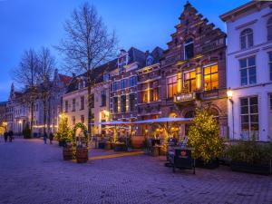迪温特Grand Boutique Hotel-Restaurant Huis Vermeer的街上一群有圣诞树的建筑
