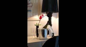 卡斯托里亚安德洛墨达精品酒店的一张桌子,上面有台灯和花瓶