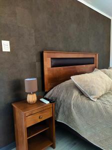 皮尔克Moderna Cabaña con tinaja caliente的一间卧室配有一张床和一个带灯的床头柜