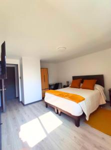 皮尔克Moderna Cabaña con tinaja caliente的一间卧室配有一张大床和一台平面电视