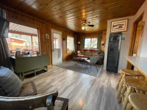 熔岩温泉村Lava Hideout Cabins的客厅设有木墙和木地板