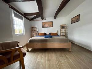 Hexenhüsli Waake的铺有木地板的客房内设有一间卧室和一张床。