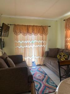 基督教堂市Sasha’s Holiday Home Oistins Barbados的带沙发和窗户的客厅