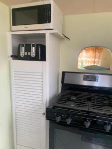 基督教堂市Sasha’s Holiday Home Oistins Barbados的厨房配有炉灶和微波炉。