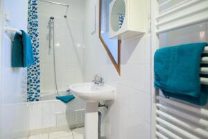 奥瑞斯Chalet d'hôtes Auris的白色的浴室设有水槽和淋浴。