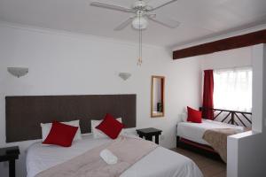 内尔斯普雷特Sheba Rock Guesthouse的一间卧室配有两张带红色枕头的床