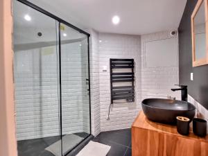 Saint-Aignan-Grand-LieuLe Petit Rocher 30m2- Studio standing tout confort的一间带水槽和玻璃淋浴的浴室
