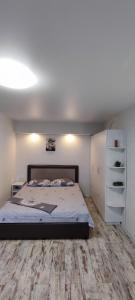 扎波罗热Новая студия на пр. Соборном的一间卧室配有一张铺有木地板的床。