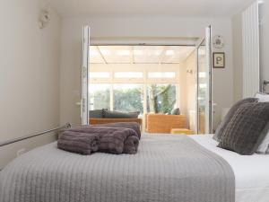 雷德鲁斯Fern Cottage的一间卧室设有一张床和一个大窗户