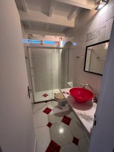 圣保罗Grande Família Hostel Av paulista的一间带红色水槽和淋浴的浴室