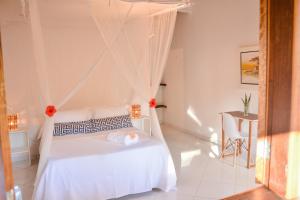 伊尔哈德博伊巴Pousada Vila Palma Boipeba的卧室配有带蚊帐的白色床