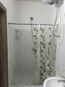比什凯克Nomad Inn的一间带植物淋浴帘的浴室