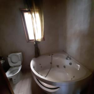 圣多美Ocean View Guesthouse的带浴缸、卫生间和窗户的浴室
