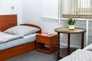 罗兹Apartaments Piotrkowska 101的小房间设有两张床和一张桌子