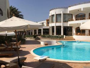 达哈布Red Sea Relax Hotel的一座带遮阳伞的游泳池以及一座建筑