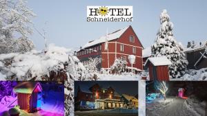 布劳恩拉格Hotel Schneiderhof的雪覆盖的建筑物照片的拼贴
