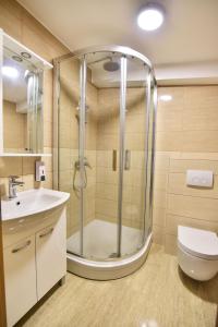 维尔Apartments Sana 2的带淋浴、卫生间和盥洗盆的浴室