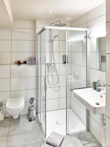 因斯布鲁克Innheaven Apartments的带淋浴、卫生间和盥洗盆的浴室