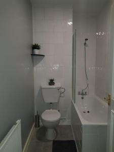 伦敦London. Gorgeous 2 bed flat near Olympic Park.的白色的浴室设有卫生间和浴缸。