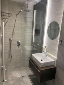 亚历山德鲁波利斯Central cozy apartment with garden的带淋浴、盥洗盆和镜子的浴室