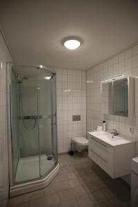 哈尔斯塔Sentral leilighet med 3 soverom的带淋浴、盥洗盆和卫生间的浴室