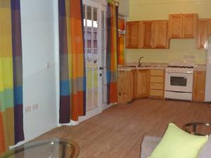 罗索钻石怡景别墅酒店的一间空厨房,拥有色彩缤纷的墙壁和木制橱柜