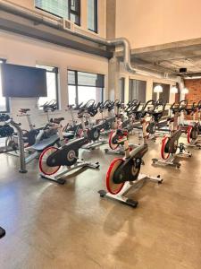 旧金山Mission City Bay的健身房,配有一系列跑步机和机器