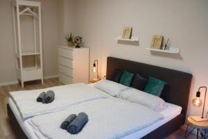 布伦瑞克Apartment im Herzen der Stadt的一间卧室配有两张带毛巾的床
