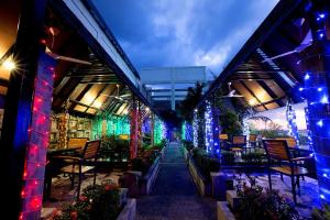 丹戎巴來卡里汶马克西米利酒店的一座花园,在建筑里拥有色彩缤纷的灯光