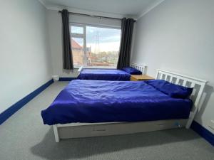 金斯林Harewood Lodge - Single and Double Rooms Self Serve Apartment的一间卧室设有两张带蓝色床单的床和窗户。
