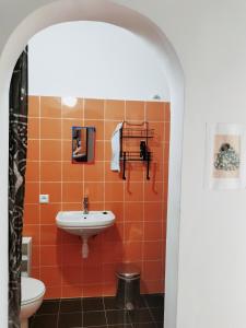 斯基灵角Maison d'hôtes Keur Racine的橙色瓷砖浴室设有水槽和卫生间