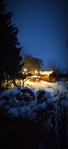 MońkiAgroturystyka u Pruszyńskich的夜间带雪地遮盖的公园